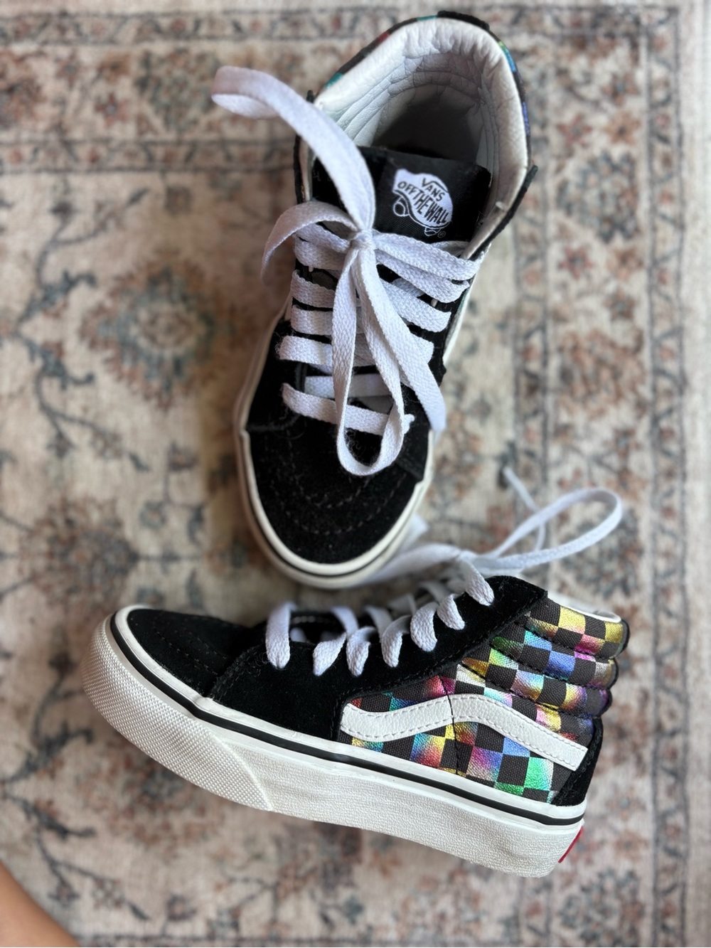 10.5 Toddler Girls Hightop Checkered Black Vans Hologram Rainbow